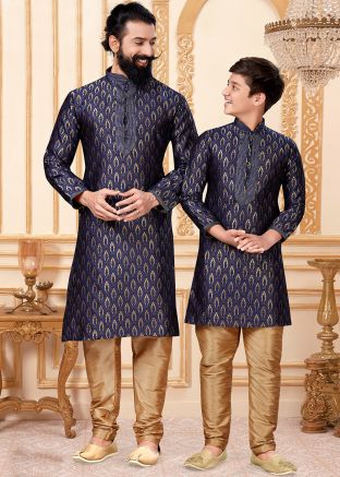 Father & Son Blue Readymade Woven Kurta Pyjama