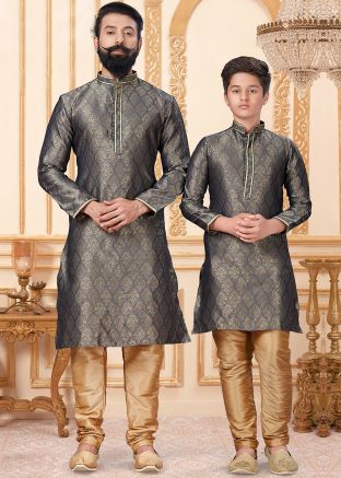 Grey Father & Son Readymade Kurta Churidaar Set