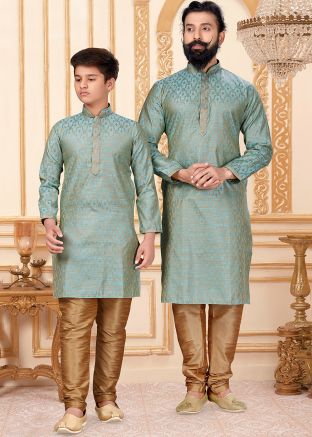 Father & Son Blue Woven Readymade Kurta Pyjama