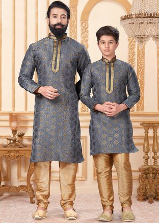 Father & Son Grey Readymade Kurta Churidaar Set