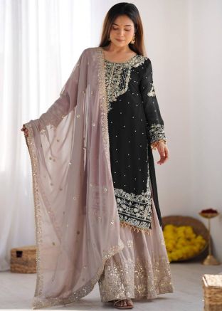 Black Embroidered Straight Cut Suit Set