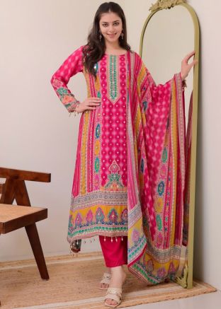 Pink Printed Salwar Suit Set In Cotton Silk