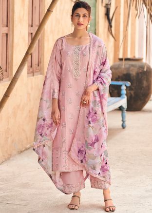 Readymade Pink Embroidered Cotton Pant Suit