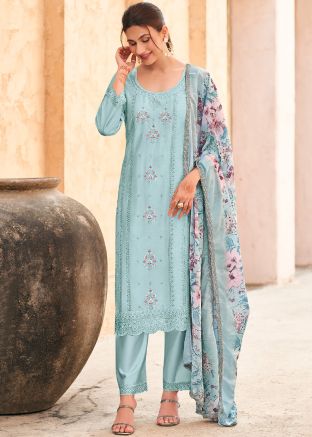 Blue Embroidered Round Neck Pant Suit
