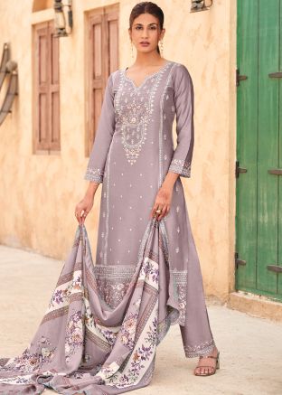 Purple Embroidered Round Neck Pant Suit