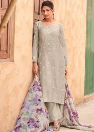 Grey Embroidered Round Neck Pant Suit
