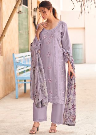 Purple Embroidered Round Neck Pant Suit