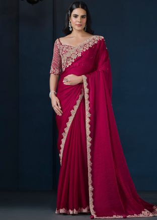 Pink Embroidered Saree In Satin