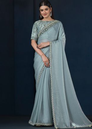 Grey Embroidered Satin Saree With Blouse