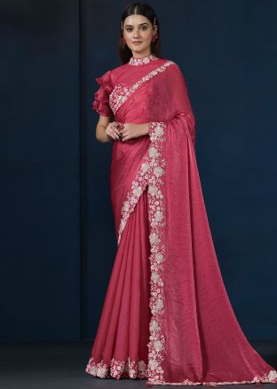 Red Sequins Embroidered Saree In Satin