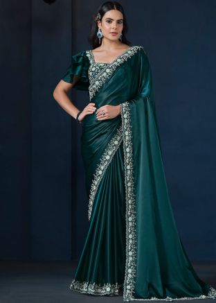 Green Embroidered Saree In Crape