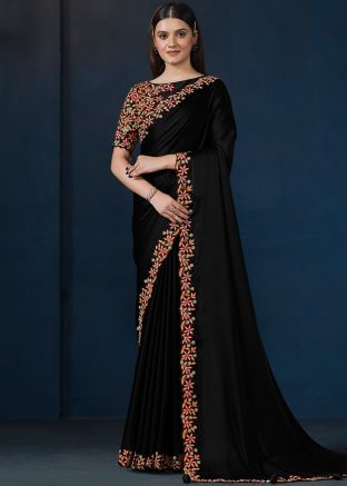 Black Embroidered Crape Saree