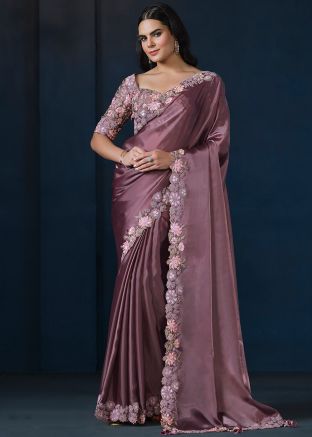 Purple Embroidered Crape Saree