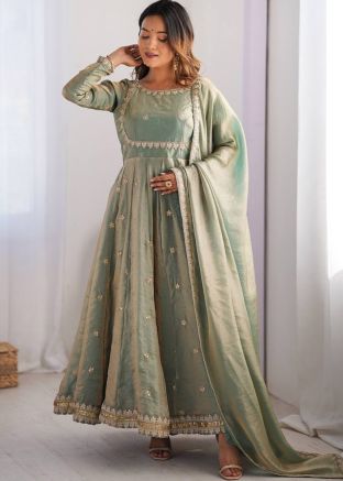 Green Embroidered Round Neck Anarkali Suit