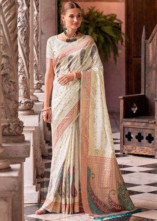 Off White Zari Woven Saree In Art Silk 
