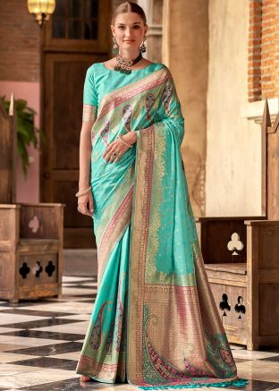 Turquoise Zari Woven Saree In Art Silk 
