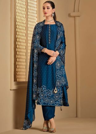 Blue Embroidered Striaght Cut Suit Set