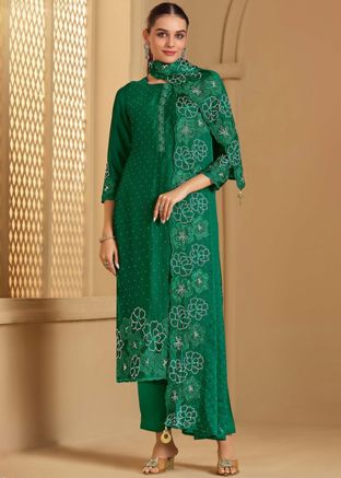 Green Embroidered Straight Cut Suit Set