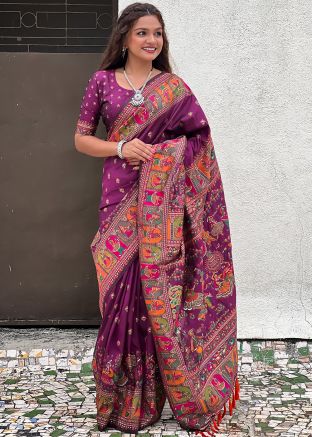 Purple Woven Work Pashmina Silk Saree