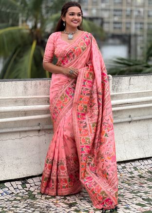 Peach Pashmina Silk Saree In Woven Work