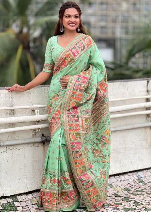 Seafoam Green Woven Saree Pashmina Silk