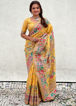 Mustard Yellow Woven Pashmina Silk Saree