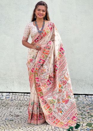 Cream  Pashmina Silk Saree With Blouse