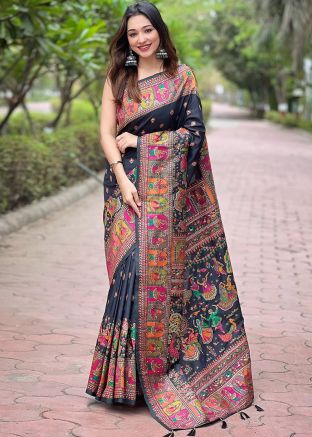 Black Pashmina Silk Saree In Woven Work