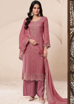 Pink Embroidered Salwar Suit Set In Organza