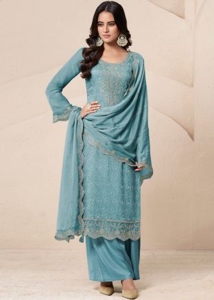 Blue Embroidered Organza Salwar Suit Set
