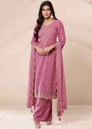 Pink Embroidered Salwar Suit Set In Organza