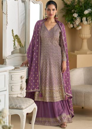 Purple Full Sleeved Embroidered Flared Palazzo Suit