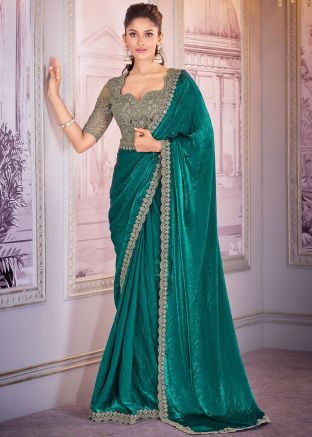 Teal Green Embroidered Satin Saree