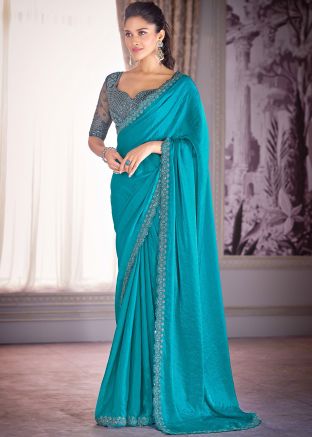 Turquoise Embroidered Saree With Blouse