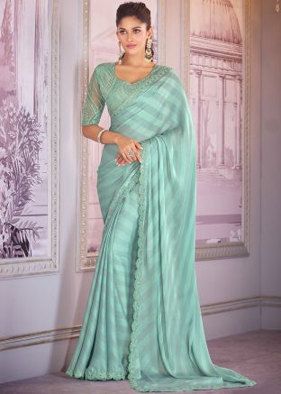 Ice Green Embroidered Saree In Chiffon