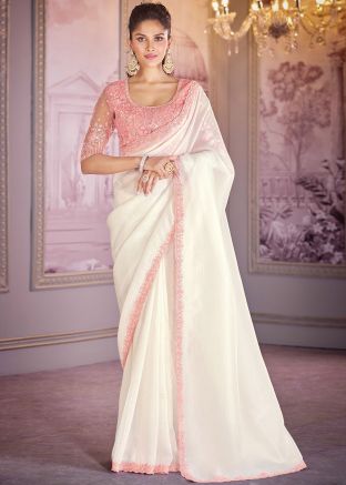 White Embroidered Saree In Tissue Silk