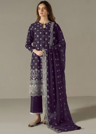 Dark Purple Embroidered Pant Suit In Georgette
