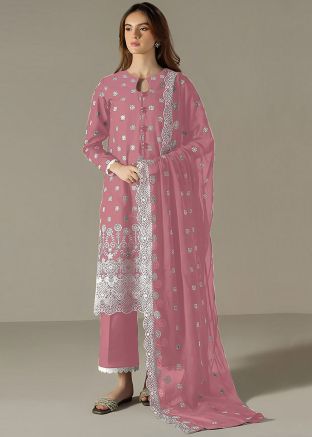 Pink Embroidered Pant Suit In Georgette