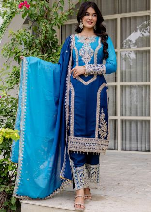 Readymade Shaded Blue Embroidered Pant Suit