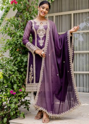 Shaded Purple Embroidered Full Sleeved Pant Suit