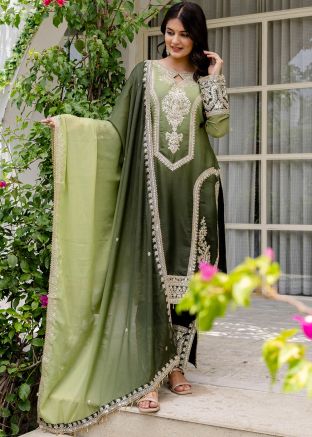 Shaded Green Embroidered Round Neck Pant Suit