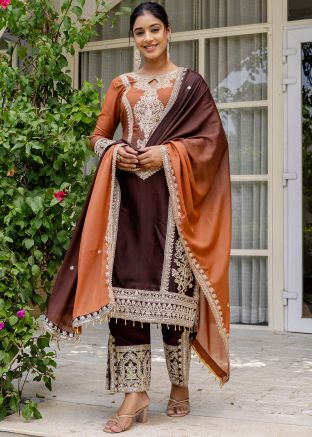 Shaded Orange Embroidered Round Neck Pant Suit