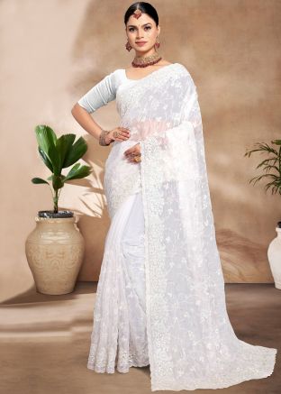 White Thread Embroidered Saree In Organza