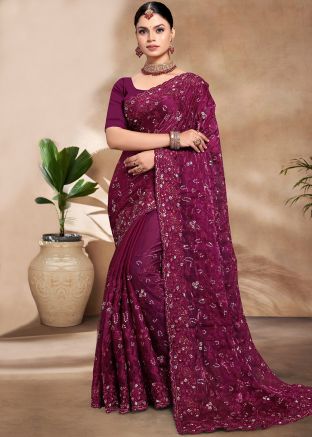 Wine Organza Saree In Sequins Embellishment
