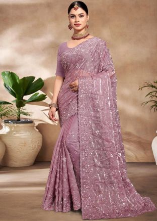 Mauve Pink Organza Saree With Blouse