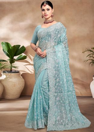 Powder Blue Embroidered Saree In Organza