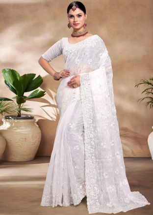 White Embroidered Organza Saree With Blouse