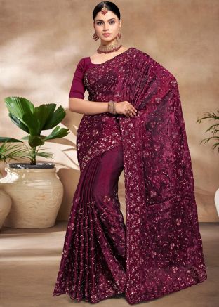 Wine Organza Saree In Sequins Embellishment 