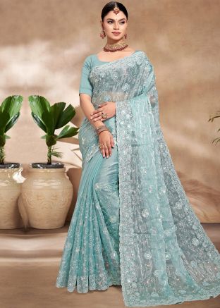Powder Blue Embroidered Saree With Blouse