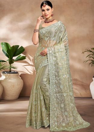 Sage Green Saree In Thread Embroidery